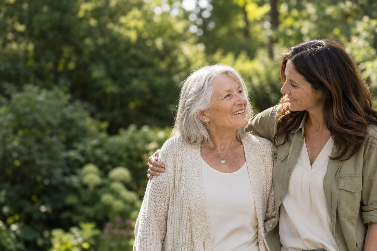 Illustrative portrait of two generations sharing a moment outdoors